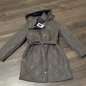 Jones New York Quilted Hooded Belted Trench Coat - brown size medium